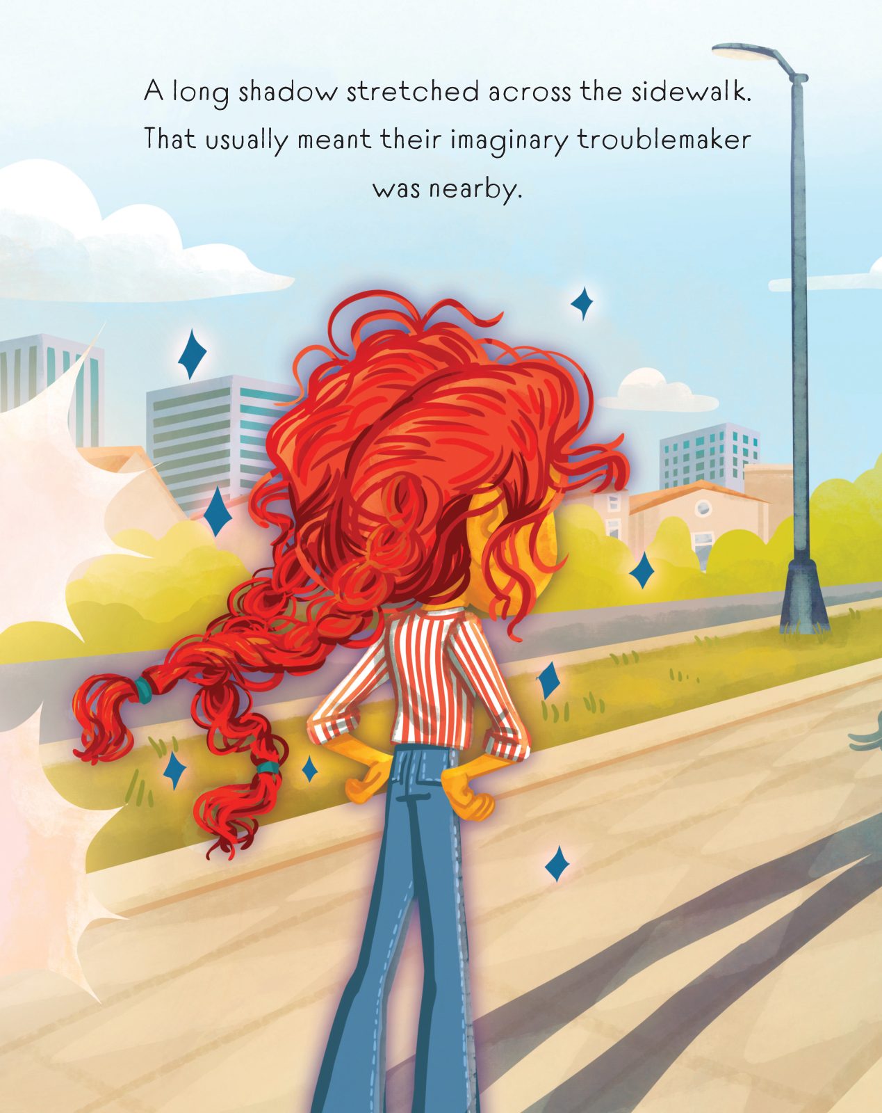 Illustrated page from the book: two sisters run their lemonade stand as a long shadow — their mischievous imaginary troublemaker Voodi — stretches across the sidewalk nearby.