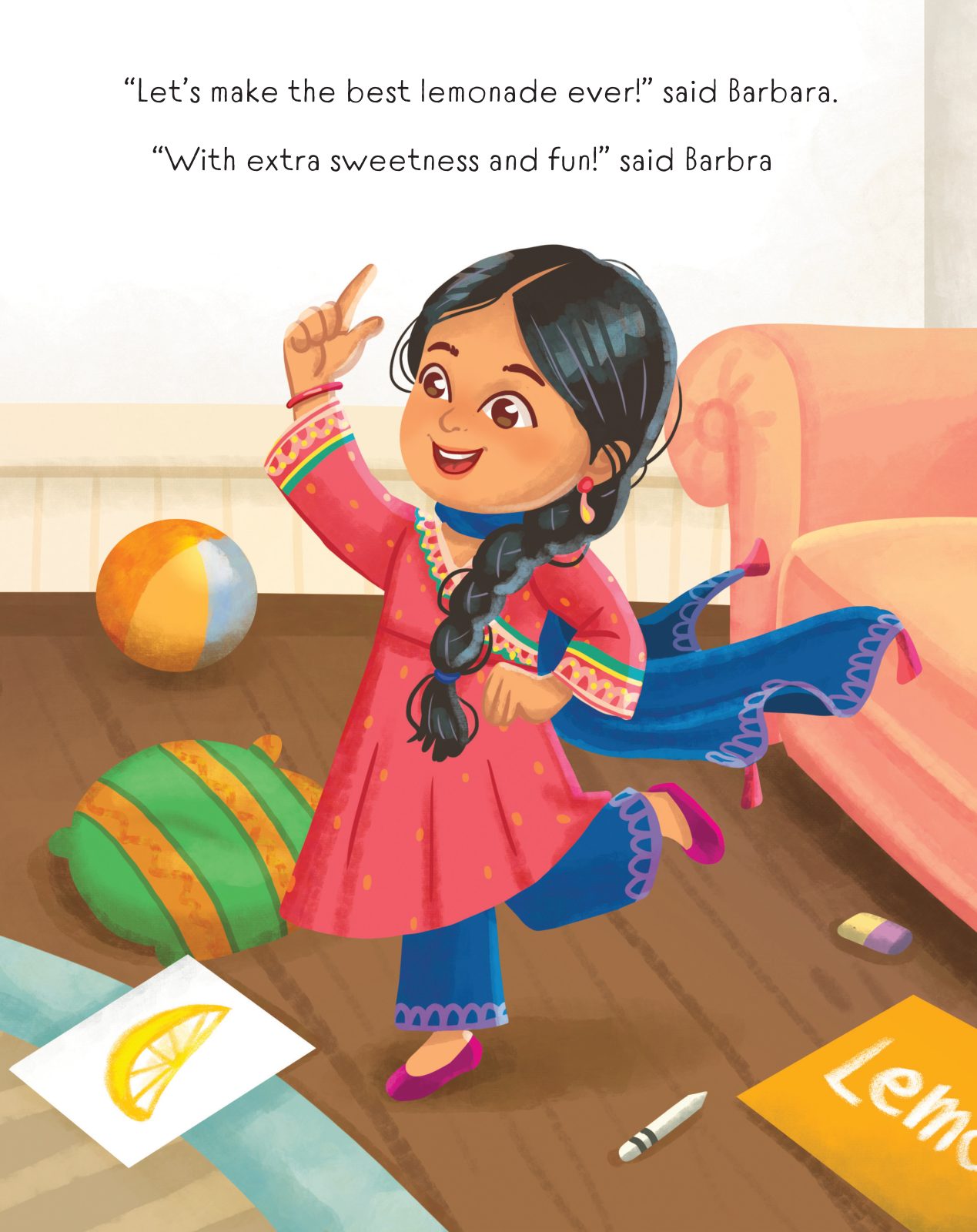 Illustration from the book: Barbara sits on the floor surrounded by crayons, drawing lemons as she dreams up big ideas for the lemonade stand.