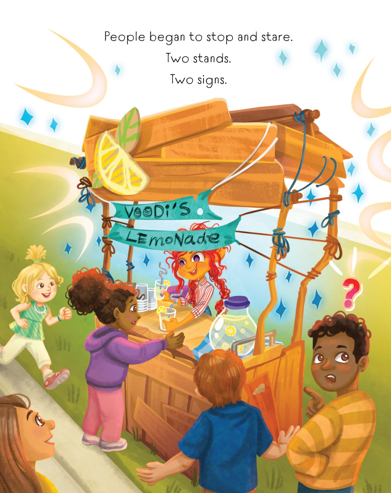 Illustration from the book: the sisters' tidy lemonade stand sits right next to Voodi's rough copycat stand as neighborhood kids look on.