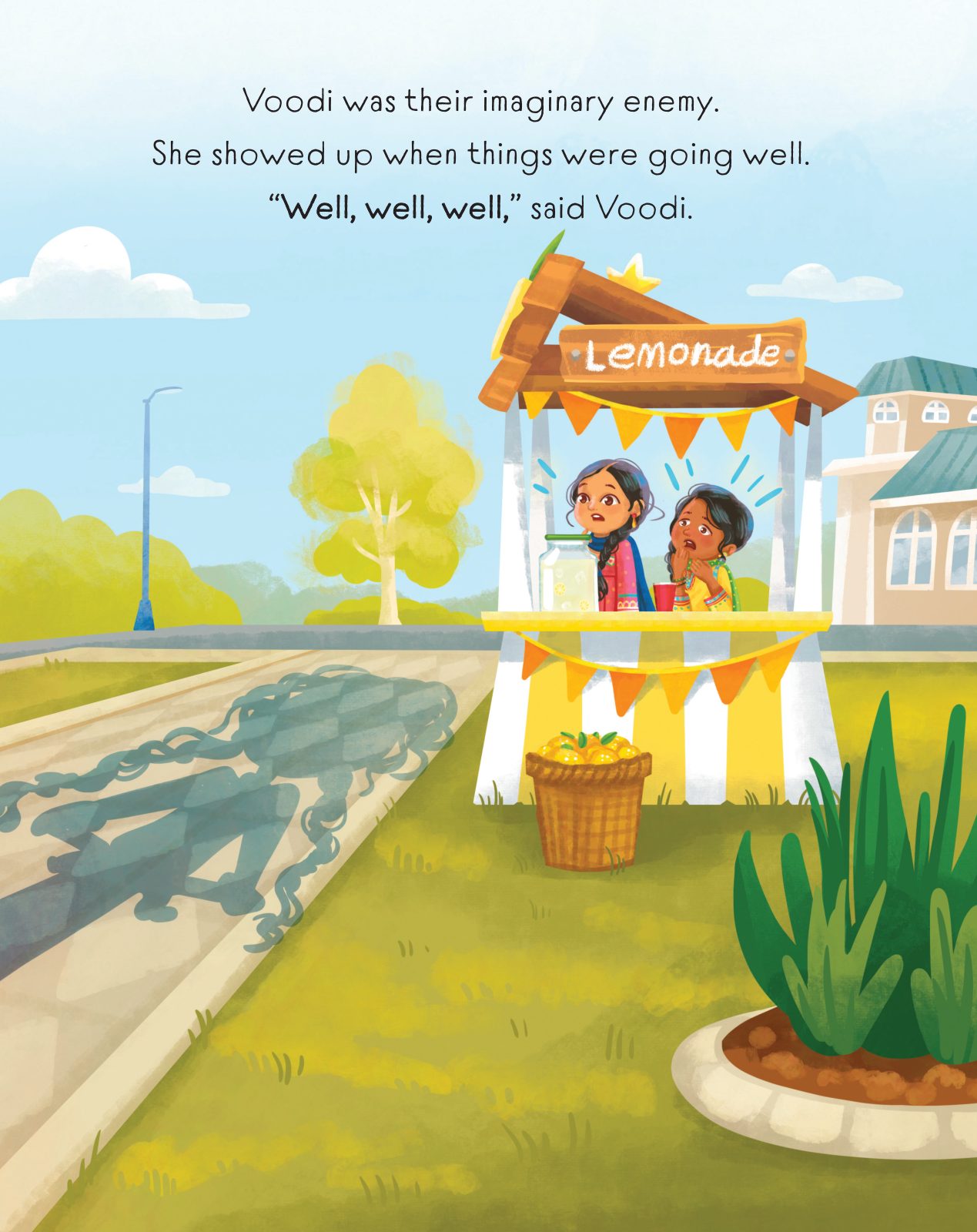 Illustration from the book: Voodi seen from behind with wild red hair, her long shadow stretching ominously toward the lemonade stand.